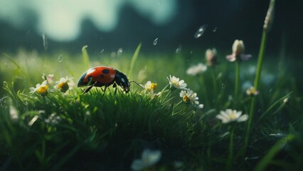 close-up sequence of  insect at green grass  surrounded by flowers  pinhole photography  virtual reality  fantasy world dreamlike visuals  soft sculpture aesthetic  bright colors  idyllic scenery