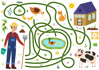 Help farmer to find a way to the house. Farm maze activity for kids. Mini game for school and preschool. Vector illustration - 786931084