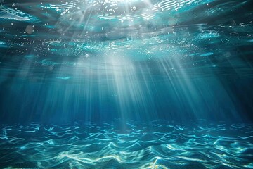 an underwater view of a blue ocean with sunlight streaming through the water
