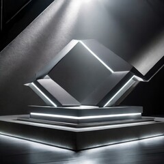metal background,An innovative futuristic podium illuminated by dynamic LED lights, casting dramatic shadows and reflections against a dark background, representing cutting-edge technology and design.