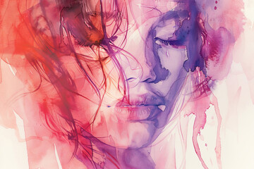 A flowing watercolor meandering over the contours of a female portrait, creating a sense of fluidity and grace in the artwork.