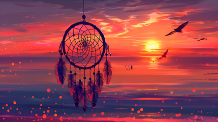 Dreamcatcher at Sunset,   dream catchers hanging on beach at sunset, ocean on background, Dream catcher with feathers threads and beads rope hanging