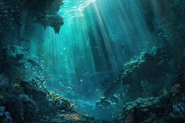 a painting of a underwater scene with sunlight streaming through the water - obrazy, fototapety, plakaty