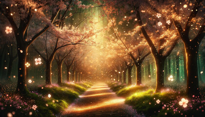 Enchanted Pathway Aglow with Twinkling Lights of Fairy Tales - 786931417