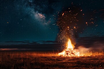 A roaring bonfire against a starry night sky in an open field, showcasing the grandeur and vastness of the flames against the dark backdrop.