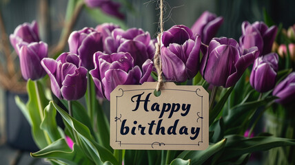 Happy birthday on label in front of purple flowers - tulips