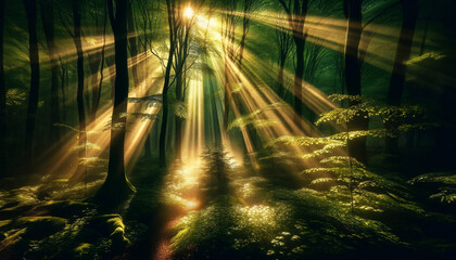 Sun's Caress Pierces the Forest Canopy Creating a Sacred Grove - 786931495