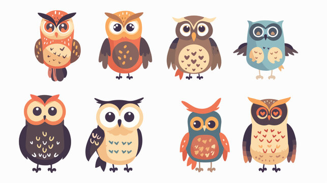 Cute and cartoon owls with various emotions flat vector