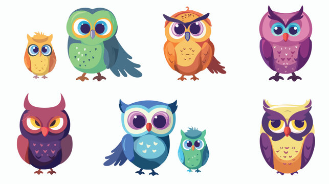 Cute and cartoon owls with various emotions Vector illustration
