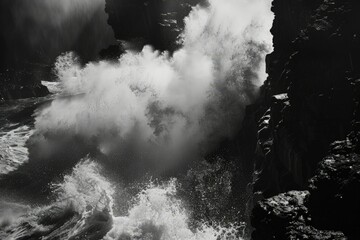 a black and white photo of waves crashing against a cliff