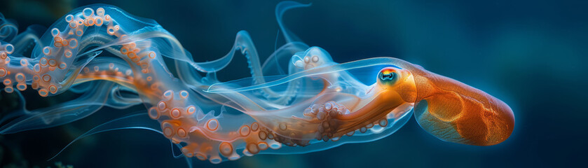 Fototapeta premium A translucent squid, adorned with glowing orange spots, hovers in the darkness of the ocean, tentacles trailing like celestial streams..