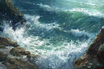 a painting of waves crashing on rocks in the ocean - obrazy, fototapety, plakaty