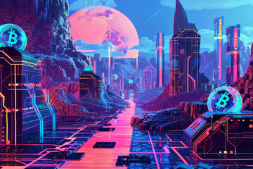 A futuristic scene featuring a clash between blockchain-inspired cryptocurrencies and traditional fiat money, depicted through surrealistic art with a neon color palette and vivid contrasts.