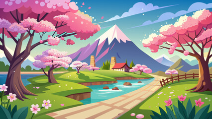 Fototapeta na wymiar cherry-blossom-in-the-spring-season-landscape-vector background illustration 