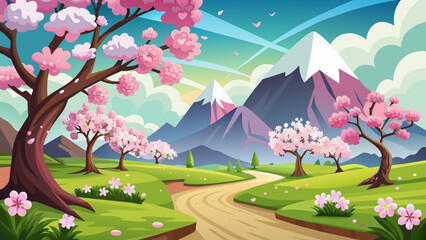 Obraz premium cherry-blossom-in-the-spring-season-landscape-vector background illustration 