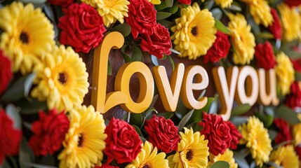 Bright and attractive arrangement of love you in red and yellow colors - obrazy, fototapety, plakaty