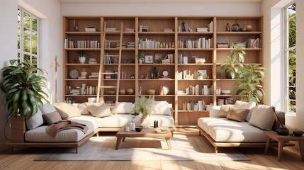 Virtual Styling of Sunlit Living Room with Wooden Bookshelf 