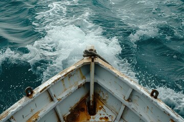 a rusty boat in the middle of a body of water - obrazy, fototapety, plakaty