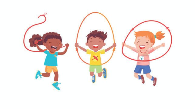 Cute and happy kids jumping rope flat vector isolated