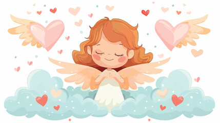 Cute angel cartoon between clouds and hearts. vector