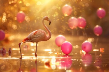 A graceful flamingo balancing on one leg amidst a cluster of vivid pink balloons in a tranquil lake, bathed in the golden glow of the setting sun.