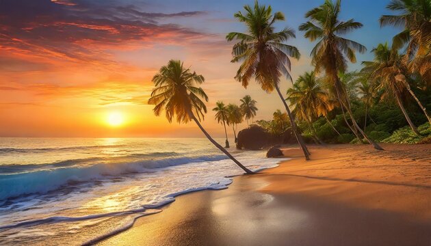  a serene sunset scene on a sandy beach, complete with gently swaying palm trees and the sound of waves crashing in the distance