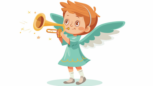 Cute angel with halo and wings blowing in trumpet. He
