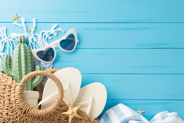 A vibrant collection of summer beach essentials including straw hat, sunglasses, flip-flops, and...