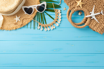 A vibrant setup of summer vacation essentials, featuring a straw hat, sunglasses, and a stylish...