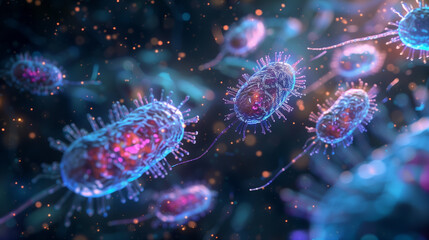 Escherichia coli . Microscopic view of glowing bacteria cells