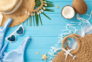 A vibrant image depicting summer vacation accessories like sunglasses, swimwear, and straw hat...