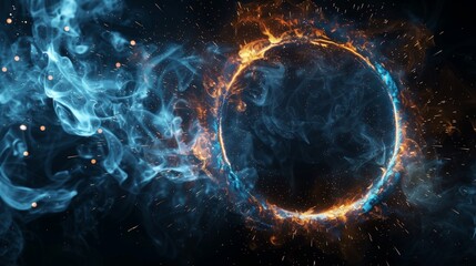 Fiery circle with blue smoke. An abstract composition of a ring engulfed in flames and surrounded by dynamic blue smoke, accented with flying sparks.