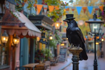 An charismatic crow wearing a miniature top hat, perched on an old-fashioned street lamp in a quaint cobblestone alley, with vintage storefronts and colorful bunting adorning the scene.
