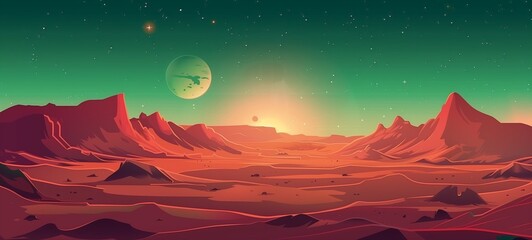 Mars-like landscape at sunset. A captivating illustration of a red desert under a green-tinted sky with stars, showcasing distant planets and a radiant sun setting on the horizon.