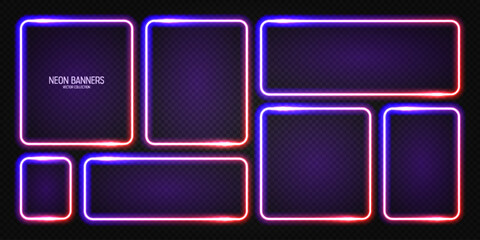 Glowing neon banners, illuminated colorful square frames. Shiny vibrant border, glow effect. Violet vintage retro lights, night illumination. Modern futuristic UI design elements. Vector illustration