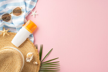 A vibrant summer holiday setup featuring sunglasses, starfish, straw hat, sunscreen, and a striped...