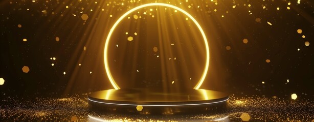 Gleaming gold circle podium with particles. A luxurious golden podium in the form of a glowing circle, immersed in a sea of sparkling golden particles on a deep black background.
