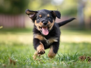 A little dog running on the grass