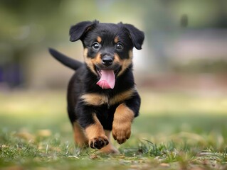 A little dog running on the grass
