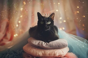 A sleek, black cat with piercing green eyes, wearing a dainty crown adorned with sparkling rhinestones, perched atop a stack of fluffy, multi-colored. - obrazy, fototapety, plakaty