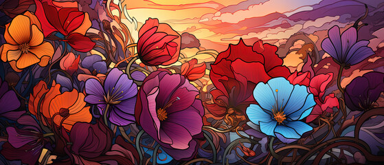 Fototapeta na wymiar brightly colored flowers in a field with a sunset in the background