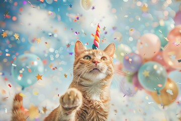 A playful ginger cat with a wide grin, wearing a plush, rainbow-striped unicorn horn, surrounded by a cascade of iridescent confetti and shimmering star-shaped balloons.