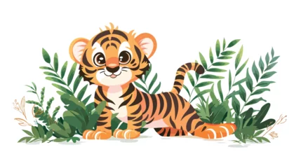 Poster Cute baby Tiger Stripes in Jungle Scene illustration © Aina