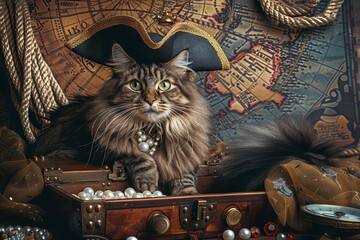 An adventurous, fluffy Maine Coon cat sporting a swashbuckling pirate hat, perched on a treasure...