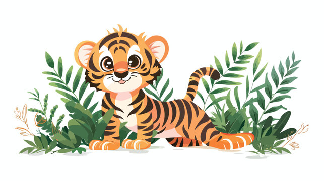 Cute baby Tiger Stripes in Jungle Scene illustration