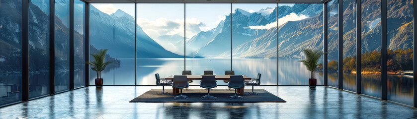 Sleek boardroom with floor-to-ceiling windows presenting a stunning view of a mountain range,...