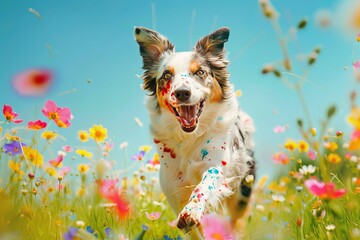 A joyful border collie covered in colorful paint splatters, happily jumping through a field of wildflowers under a clear blue sky in the countryside. - obrazy, fototapety, plakaty