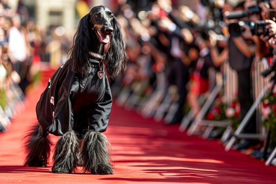 An Afghanhound in a tuxedo-ninja outfit striking a pose on a red carpet runway under flashing cameras and adoring fans, in a glamorous Hollywood-inspired scene.