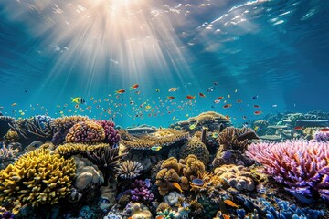 an underwater view of a coral reef with a lot of fish
