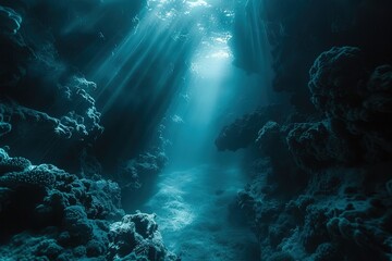 an underwater view of the ocean with sunlight coming through the water